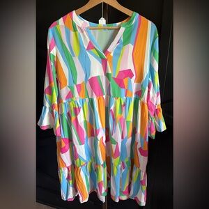 Tiered V-Neck Women's Tunic Dress in Multicolor Geo Print